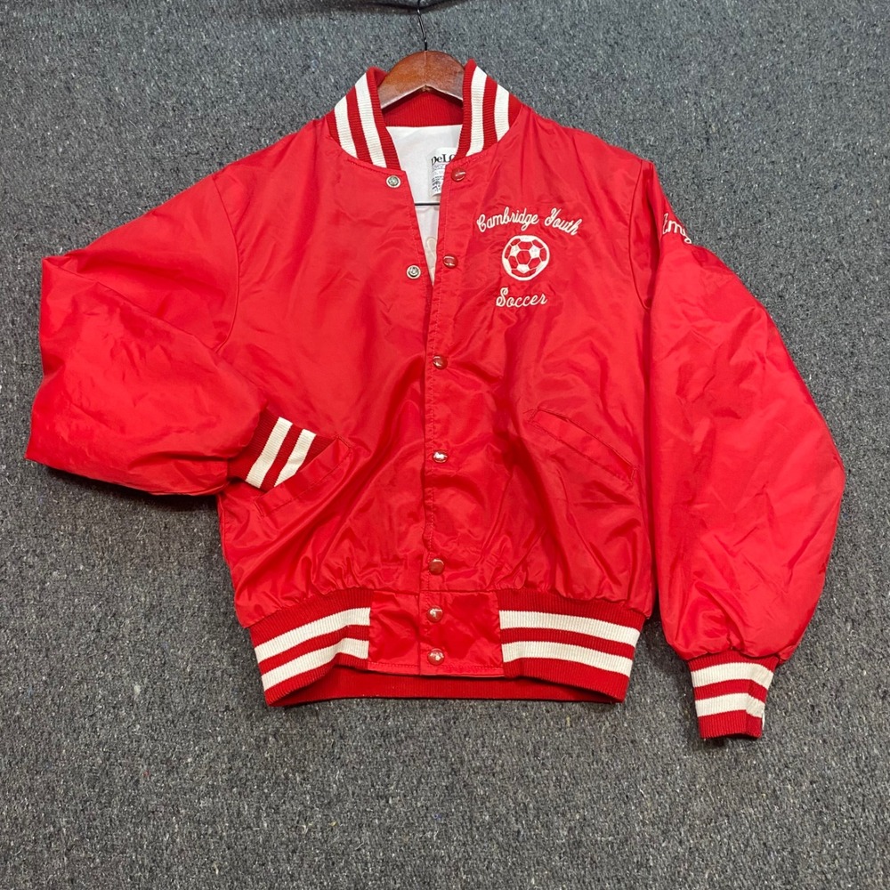 DeLong Varsity Jacket Sz XL Youth Red Skater Cambridge‎ Soccer Bomber USA Made